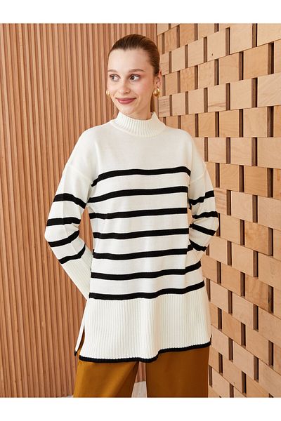 LC Waikiki Half Turtleneck Striped Long Sleeve Women's Knitwear Tunic