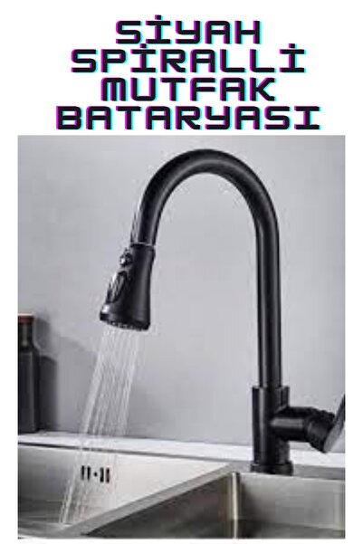 KAVİTİCARET Fleko Black Spiral Kitchen, Bathroom and Sink Faucet and Head Shower Set (Set of 4)