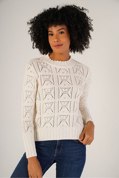 Trist Star Ecru Women's Pom Pom Patterned Openwork Crew Neck 100% Cotton Sweater