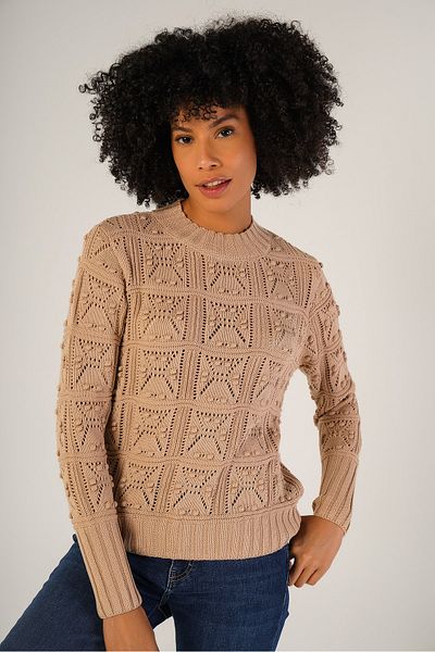 Trist Star Pulover de damă bej cu model cu pompon, ajurat, cu gâtul turnat, 100% bumbac