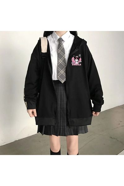 MECH BUTİK Kuromi Kolila Printed Black Hooded Zippered Cardigan Sweatshirt Hoodie