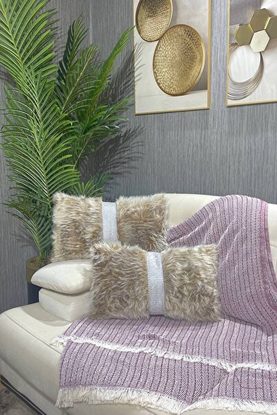 Paris Life Plush Striped Throw Pillow Cover Rectangular - Milk Coffee