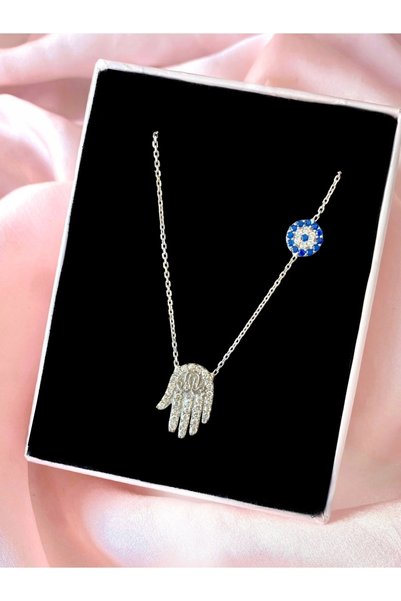 Alaja Silver Fatma Ana Eli Tasarım Nazar Boncuğu Detay 925 Ayar Gümüş Kolye