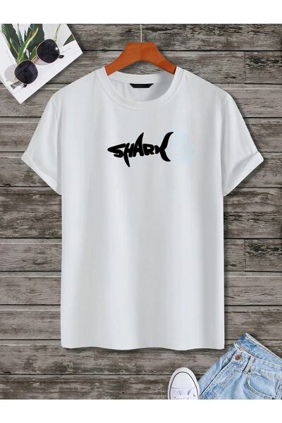 Rokeby تي شيرت أبيض كبير الحجم للجنسين – قطن ممشط 100% – طباعة سمكة قرش – تي ...