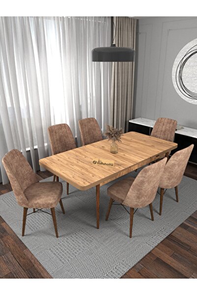Kaffahome Riff 80x130 Atlantik Suntalem Açılabilir Yemek Masası , Yemek Masası Takımı - 6 Cappucino Sandalye