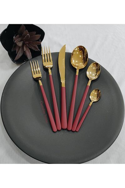 BRONDOFF Lilyum 84 Pieces Red Gold Fork Spoon Knife Set