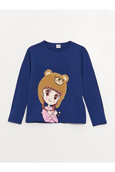 LC Waikiki Bisiklet Yaka Baskılı Uzun Kollu Kız Çocuk Tişört