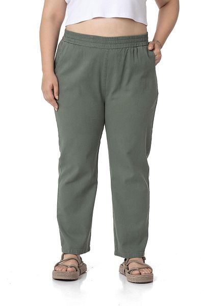 DISENTIS MODEST Plus Size Gabardine Khaki Trousers with Elastic Waist and Pockets