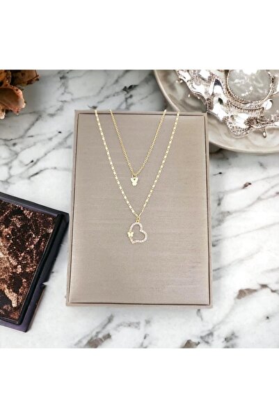 toptanhanem Çift Katlı Kelebekli Kalp Zirkon Taşlı Zincir Kolye Altın Kaplama...