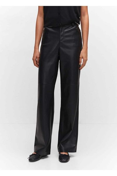 MANGO Woman Mid-Waisted Leather Look Trousers