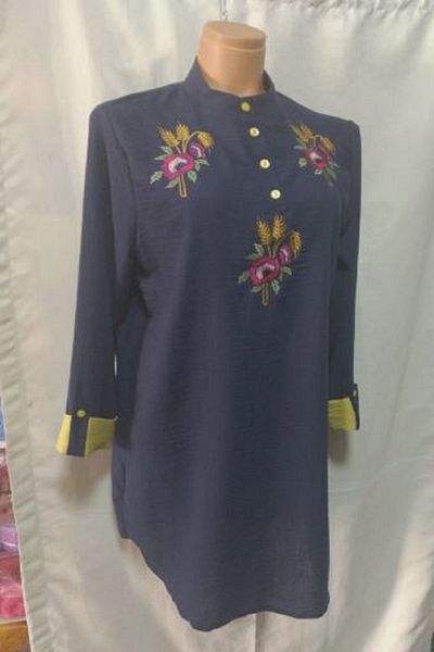 KADO Navy Blue Linen 4-Button Embroidered Tunic Useful Quality Anti-Sweat Beautiful Stylish