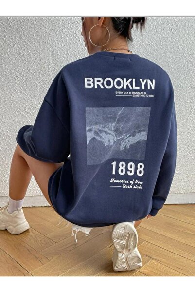 Adrift Hanorac oversize unisex Bronklyn 1898, cu imprimeu, albastru marin, cu...