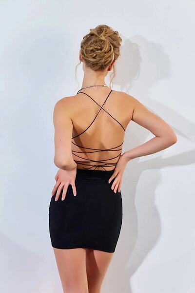 khar Ip Askılı Sırt Dekolteli Mini Elbise