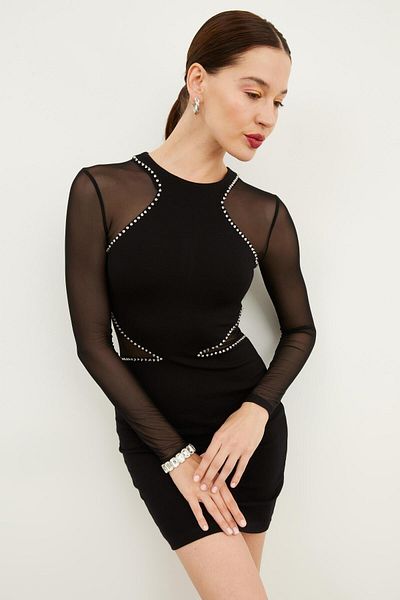 Hanna's by Hanna Darsa Women's Sequined Long Dress with Transparent Sleeves