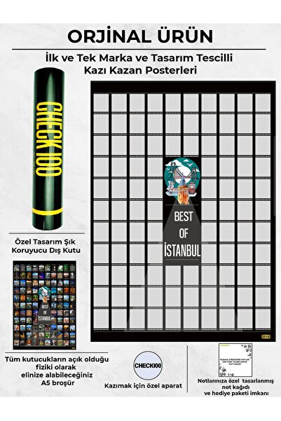 Check100 Best of İstanbul Kazı kazan Posteri, Kazınabilir İstanbulda Gezilecek 100 Yer