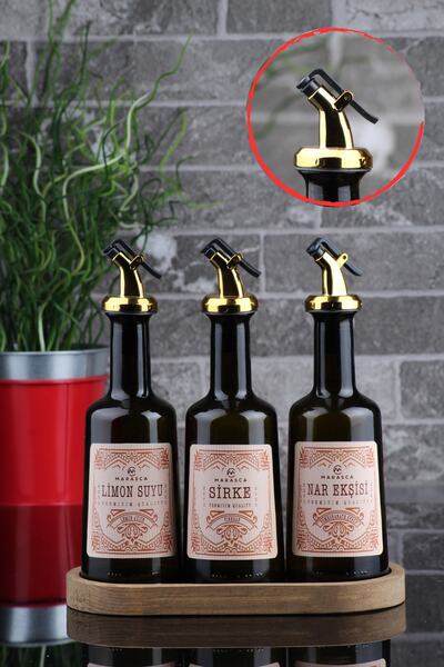incili home Marasca Wooden Stand 3-Piece Lemon Juice - Pomegranate Syrup - Vinegar Sauce Set 250 ml Gold Cap