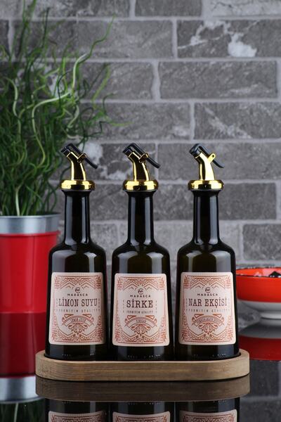 incili home Marasca Wooden Stand 3-Piece Lemon Juice - Pomegranate Syrup - Vinegar Sauce Set 250 ml Gold Cap