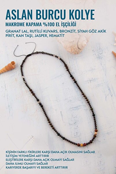 Deniz Doğal Taş Sertifikalı Aslan Burcu Doğal Taş Kolye (Granat-Kuvars-Bronzit-Akik-Pirit-Kan Taşı-Jasper-Hematit)
