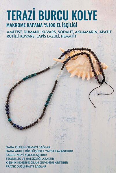 Deniz Doğal Taş Sertifikalı Terazi Burcu Doğal Taş Kolye (Ametist-Kuvars-Sodalit-Akuamarin-Apatit-Rutilli Kuvars)