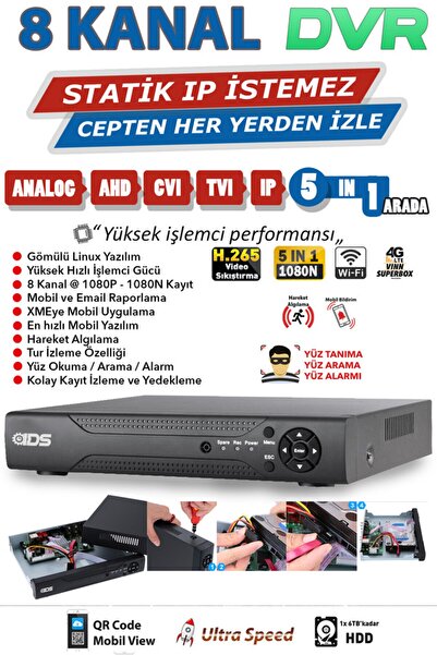 IDS 6 Kameralı Set - 5mp Sony Lensli Fullhd Gece Görüşlü Güvenlik Kamerası Sistemi - 2031-set6-1tb