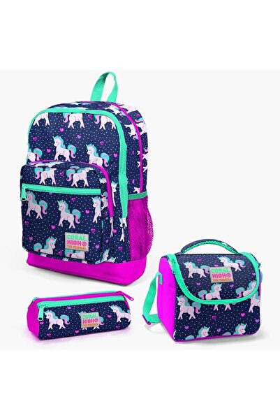 Coral High Kids Lacivert Pembe Unicorn Desenli 3’lü Okul Çanta Seti