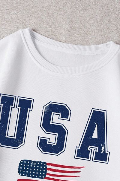 MODAGEN Unisex bílá mikina s vlajkou USA oversize Crew Neck