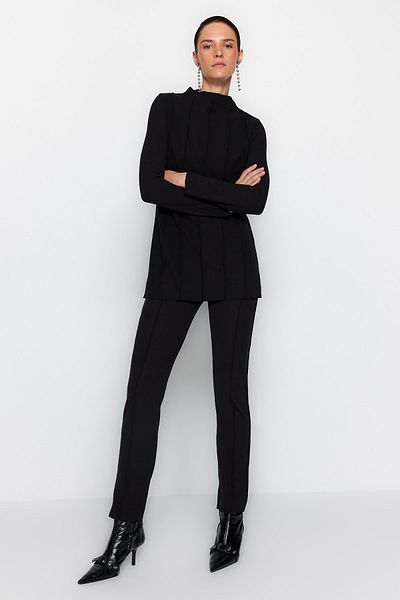 Trendyol Modest Black Knitted Blouse and Trousers Set - Ribbed Detail, TCTAW24US00082