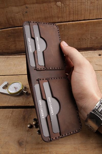 New Coast Leather 1900's Малък мъжки портфейл от естествена кожа, 100% ръчно изработен, тъмнокафяв