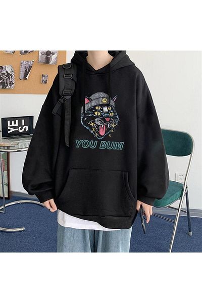 Touz Moda dompuleri fashion You Bum Cat με στάμπα μαύρο Unisex Oversize φούτερ με κουκούλα