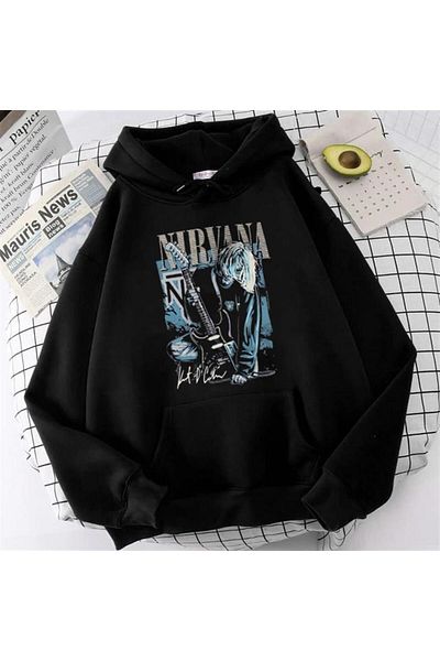 Touz Moda Φούτερ με κουκούλα με κουκούλα dompuleri μόδας Nirvana με εμπριμέ μαύρο Unisex