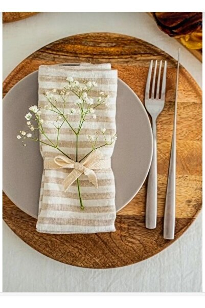 HOME ART ATELIER 4'lü Organik Ham Keten Amerikan Servisi 35x45cm Sütlü kahve çizgili