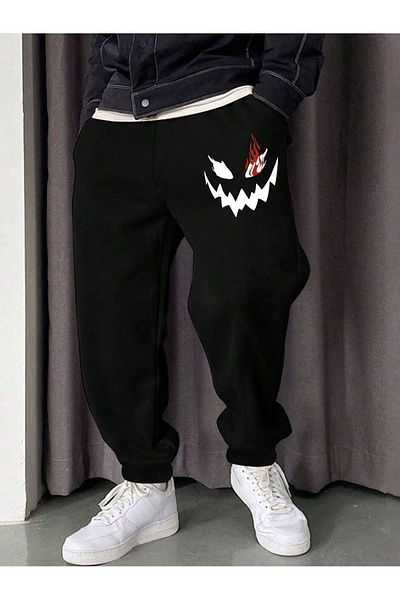 MODARİCH Flame Face Jogger Sweatpants - Μαύρο εμπριμέ λαστιχένιο πόδι με ψηλόμεσο