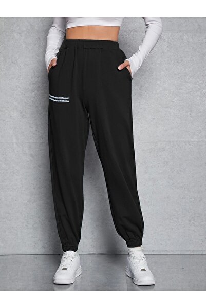 MODARİCH Slogan Jogger Sweatpants - Black Printed Elastic Leg Raised High Waist
