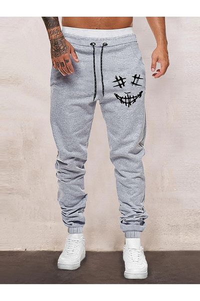 MODARİCH Stripe Face Sweatpants - Grey printed Elastic Leg Raised High Waist