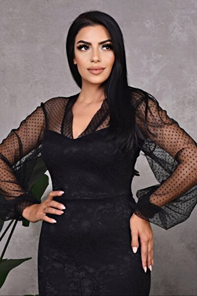 Matik Abiyem Dantel Puantiye Tasarım V Dekolteli Omuzu Kolları Transparan Yırtmaçlı Diz Altı Abiye