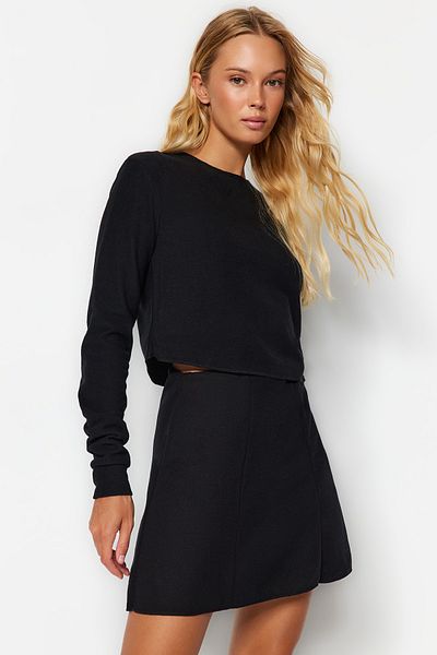 Trendyol Collection Black Stitching Detailed A-Line/Bell Form Thessaloniki/Knitwear Look Mini Knitted Skirt TWOAW24ET00083