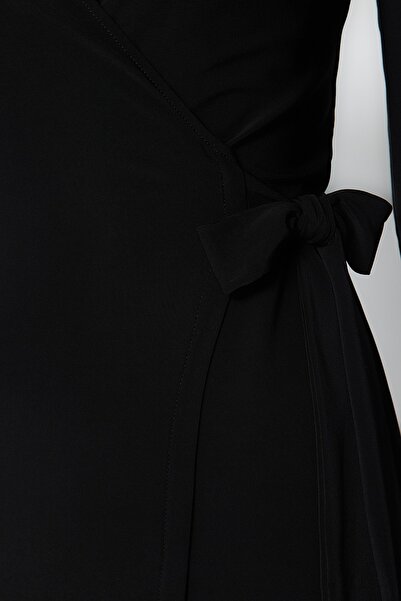 Trendyol Collection Black Double Breasted Neck Belted Fitted Midi Knitted Dress TWOAW24EL00290