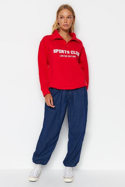 Trendyol Collection Piros szlogen polár cipzáras vastag belső pulóver - normál szabású Twoaw23sw00703