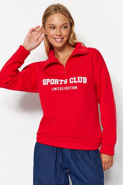 Trendyol Collection Red Slogan Fleece Zippered Thick Inside Sweatshirt - Regular Fit Twoaw23sw00703