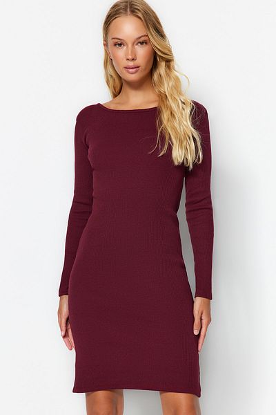 Trendyol Collection Rochie tricotată mini elastică, roșu Claret, cu nervuri la spate TWOAW24EL00390
