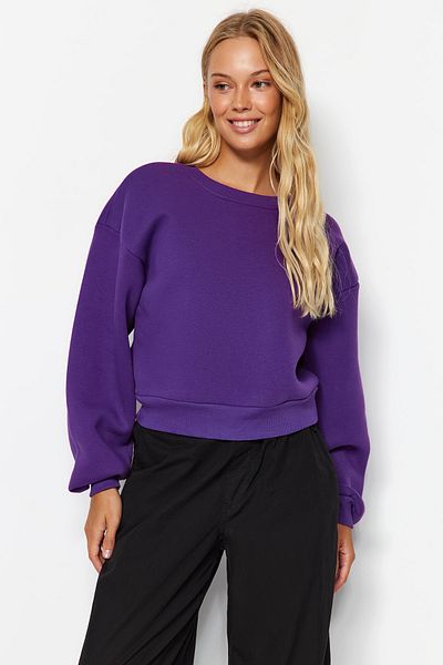 Trendyol Collection Lila Relaxed Fit Crop Basic Rundhalsausschnitt Dickes Innenfleece Strick-Sweatshirt TWOAW24SW00147