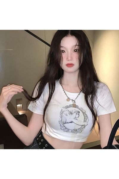 Jose Clothing Λευκό εμπριμέ γυναικείο Crop Top - Κοντό μανίκι, μπλούζα που εφαρμόζει στο σώμα