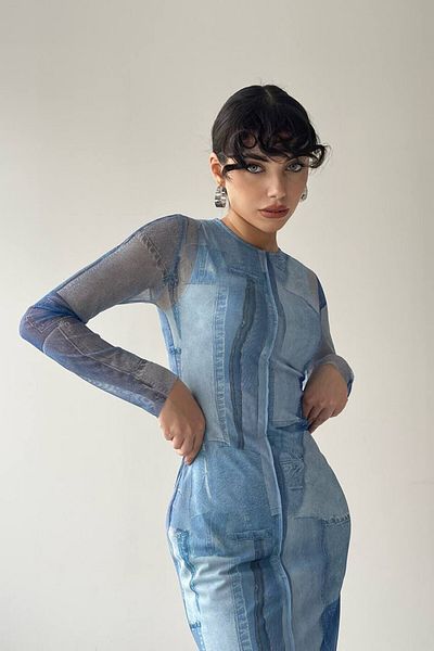 Julishop Γυναικείο μπλε τζιν παντελόνι με στάμπα μακρυμάνικο φόρεμα από σιφόν μίντι premium τούλι