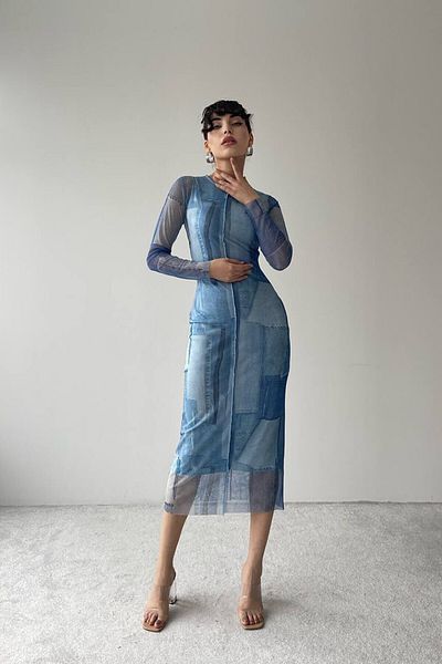 Julishop Γυναικείο μπλε τζιν παντελόνι με στάμπα μακρυμάνικο φόρεμα από σιφόν μίντι premium τούλι