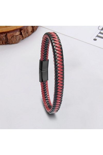 AKSESUARIM Men's Leather Braided Steel Bracelet
