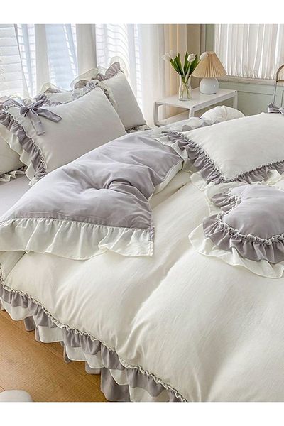 METİNEV Single Cotton Satin Gray Cream Duvet Cover Set with Bow
