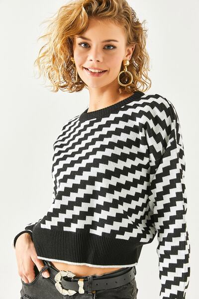 Olalook Γυναικεία πλεκτά μπλούζα με μαύρη ζιγκ-ζαγκ μοτίβο Crop BLZ-19002370