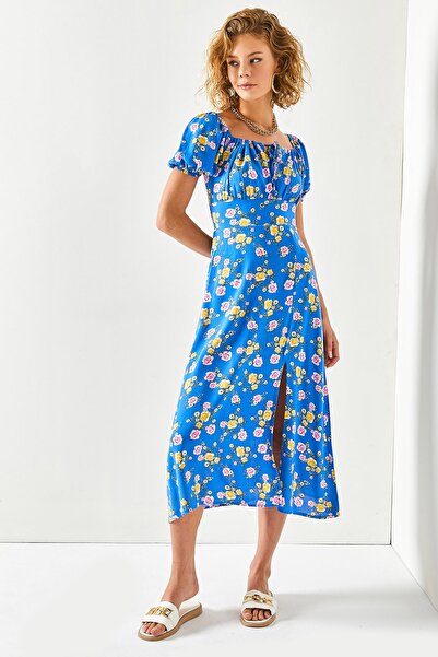 Olalook Γυναικεία Saks Μπλε φόρεμα με σκίσιμο μίντι βισκόζης ELB-19001889