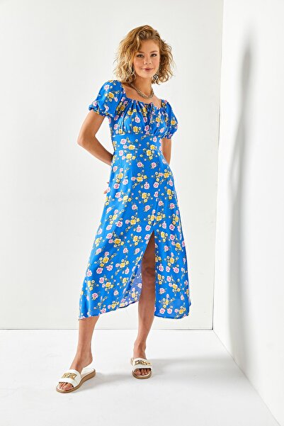 Olalook Γυναικεία Saks Μπλε φόρεμα με σκίσιμο μίντι βισκόζης ELB-19001889