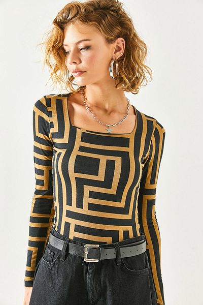 Olalook Women's Striped Camel Square Collar Front Double Layer Lycra Blouse BLZ-19002183
